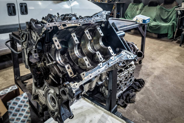 Disassembled engine, Repair of a turbocharged diesel engine in a car workshop. Industrial theme