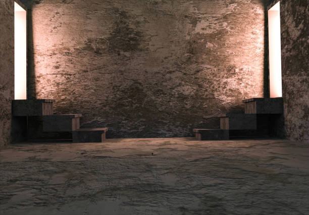 istock Dirty dilapidated basement interior background with lights inside a corridor with stairs. 1453166877