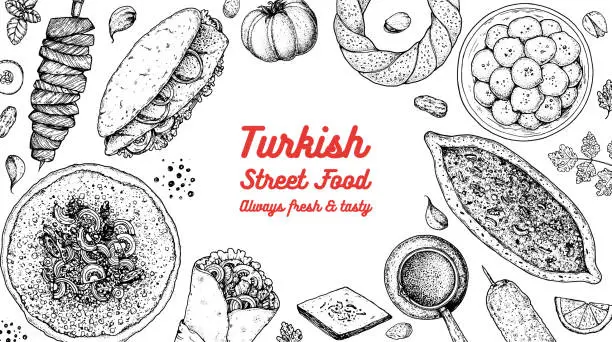 Vector illustration of Turkish food top view vector illustration. Food menu design template. Hand drawn sketch. Turkish food menu. Vintage style. Cag kebab, balik ekmek, lahmacun, doner kebab, pide, simit, lokma.