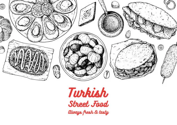 Vector illustration of Turkish food top view vector illustration. Food menu design template. Hand drawn sketch. Turkish food menu. Vintage style. Midye dolma, Kumpir, Doner kebab, Balik ekmek, Simit, Roasted chestnuts