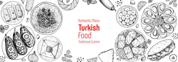 ilustrações de stock, clip art, desenhos animados e ícones de turkish food top view vector illustration. food menu design template. hand drawn sketch. turkish food menu. vintage style. imam bayildi, lahmacun, katmer, simit, dolma, dolma, balik ekmek, kebab - dolmades