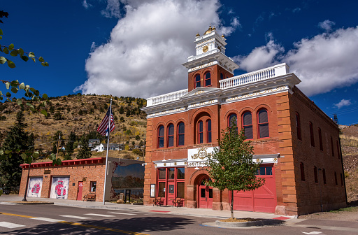 Victor, Colorado, United States - October, 2019: The Victor City Hall stands tall over this town of 400, reminding us of the history of this once thriving town high in the Rocky Mountains.