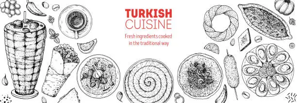 Vector illustration of Turkish food vector illustration. Food menu design template. Hand drawn sketch. Turkish food menu. Vintage style. Doner kebab, Pita, Shawarma, Midye Dolma, Lahmacun, Borek, Pide, Pilaf