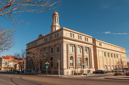 The beautiful and historic Pueblo City Hall against a winter sky in downtown Pueblo, Colorado.