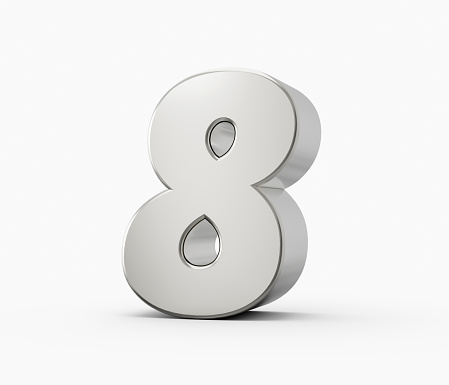 Silver 3d numbers 8 Eight. Isolated white background 3d illustration