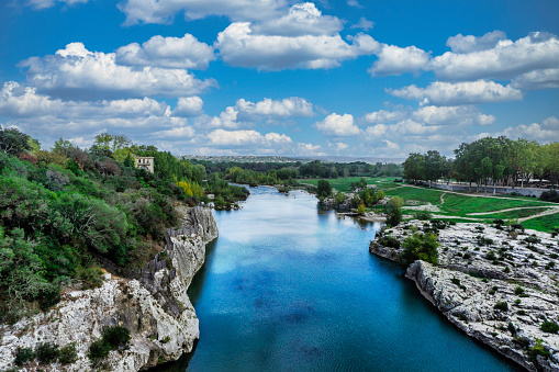 The River Gandon in Pont Du Gard, France near the 1st century Roman Aqueduct.