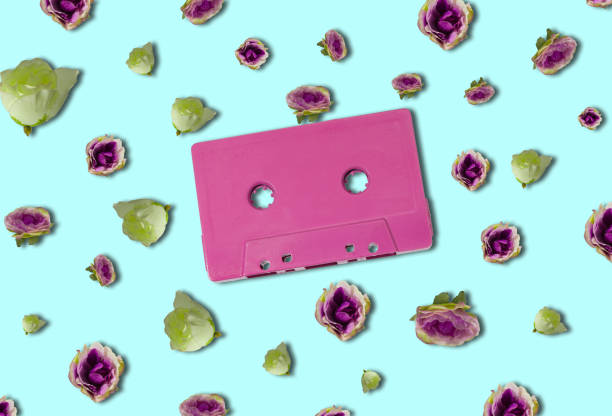 pink audio retro cassette on blue floral background, creative art design