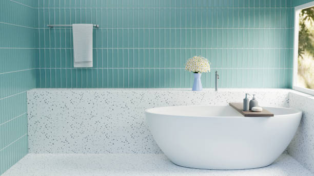 istock 3D rendering White Bathtub With Green Tile And White Terrazo 1453177691