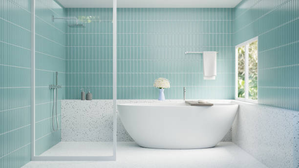 istock 3D rendering White Bathtub With Green Tile And White Terrazo 1453177694