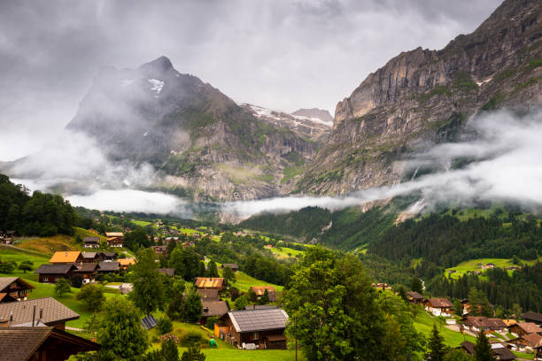 Hillside Homes in Grindelwald, Switzerland Rural community on the foothills of Mittelhorn in Grindalwald, Switzerland Grindlewald stock pictures, royalty-free photos & images