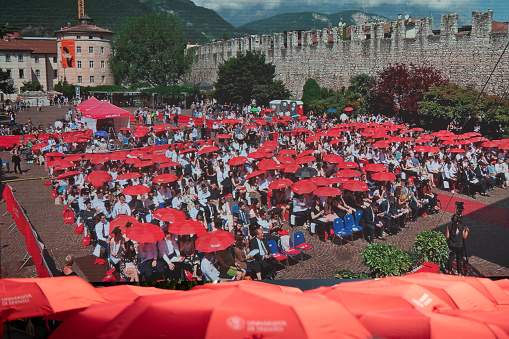 Trento -  may, 27, 2022:Group of students attending the bachelor's degree ceremony as a group