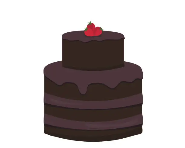 Vector illustration of Big two tiered chocolate cake with strawberries on top