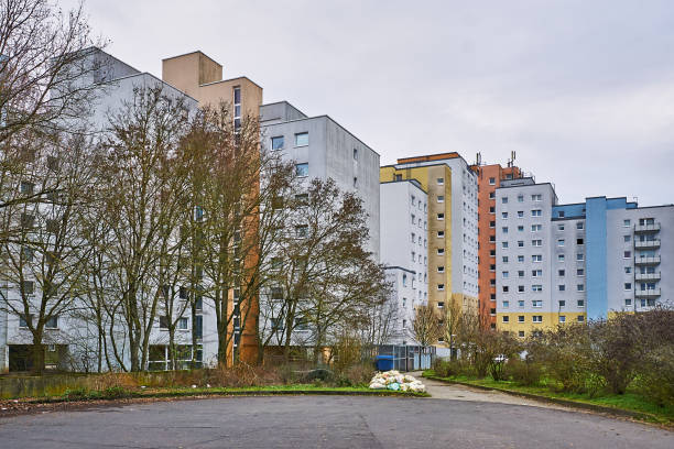 Wuerzburg, Germany - December 28, 2022: Concrete architecture from the 1970s on Den Haager Strasse in the Heuchelhof district of Würzburg.
