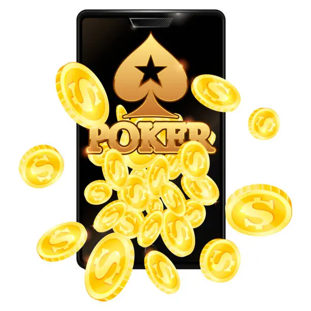 Vector illustration of Gold coins are pouring down and the phone screen. Winning in online casino design
