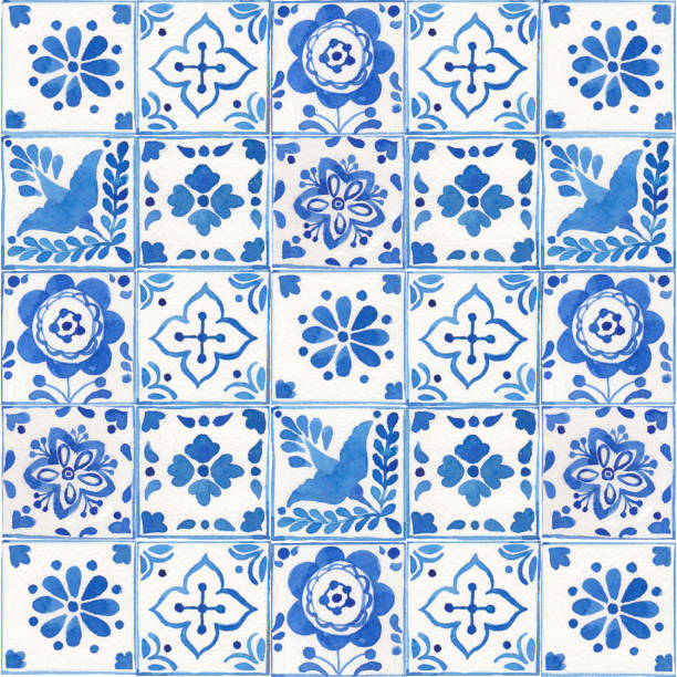 istock Watercolor blue style porcelain seamless pattern, dutch ceramic tiling ornament. Old fashion hand-drawn rustic floral motifs 1453188613
