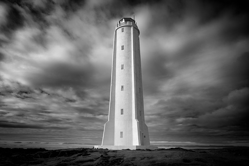 Rocket-shaped lighthouse on the coast of Iceland