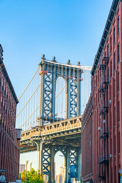 istock Panoramic view from Dumbo Brooklyn of The Manhattan Bridge at sunset. 1453192735