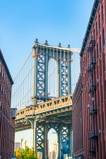 istock Panoramic view from Dumbo Brooklyn of The Manhattan Bridge at sunset. 1453192737