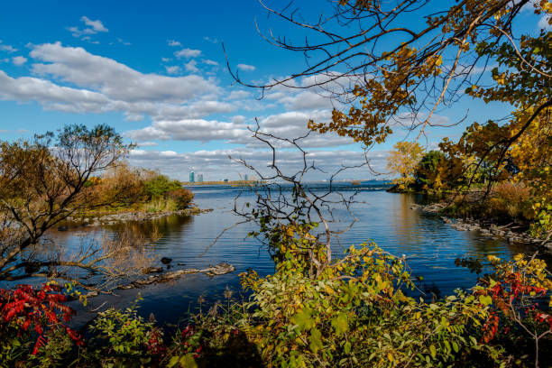 Autumn colors by the St. Lawrence river stock photo