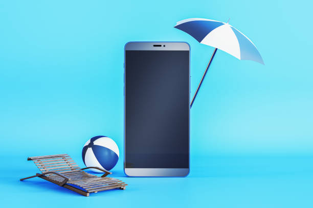 istock Creative online tour booking concept. Empty mock up smartphone screen with beach umbrella, ball and chaise-lounge, airplanes and tickets on blue background. 3D Rendering. 1453200854