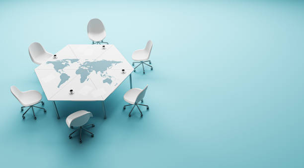 istock Top view of hexagonal conference table with map and coffee cup, chairs on blue floor with mock up place. Meeting and boardroom concept. 3D Rendering. 1453202014