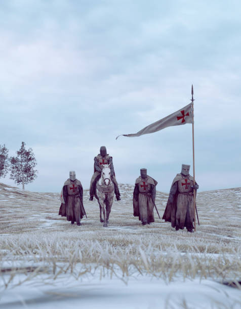 istock Medieval crusade soldiers walk marching during winter time 1453202680
