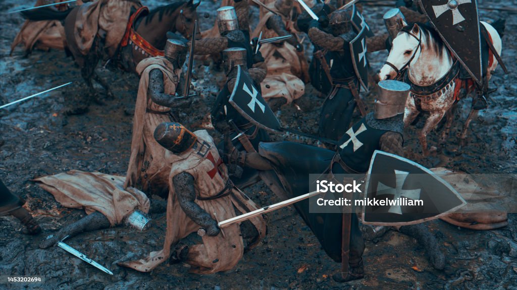 Mayhem on a medieval battlefield with soldiers fighting War between soldiers on a medieval battlefield. The soldiers wear chain armor and fights with swords. They also wear helmets and some of them rides horses. The ground is full of mud and the mud sprays all over the place, when the soldiers fight. Adult Stock Photo