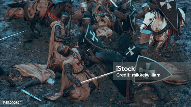 Mayhem On A Medieval Battlefield With Soldiers Fighting Stock Photo - Download Image Now