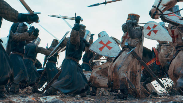 violents combats sur un champ de bataille médiéval plein de chaos - knights templar photos et images de collection