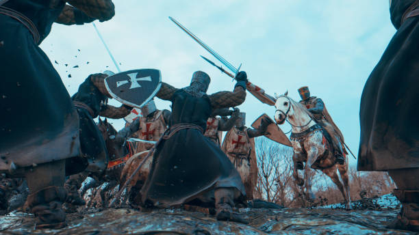 istock Dangerous medieval battle with soldiers sword fighting 1453202709