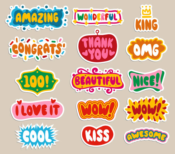 ilustrações de stock, clip art, desenhos animados e ícones de set of cute and fun, appreciation stickers - omg