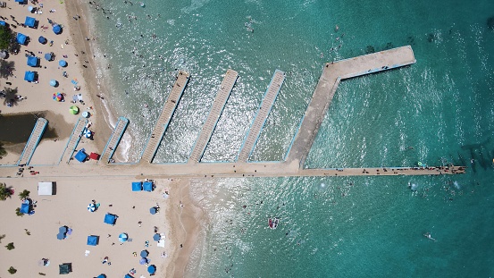 An aerial view of the docks in Crash Boat Beach in Aguadilla, Puerto Rico