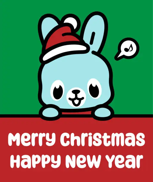 Vector illustration of A cute bunny wearing a Santa hat holds a sign and wishes you a Merry Christmas and a Happy New Year