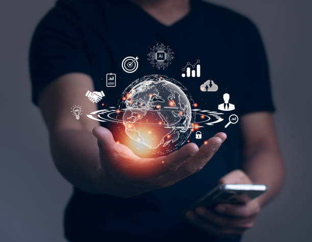 istock Digital transformation. Hand holding virtual Global Internet connection. Business global internet connection application technology and digital marketing, Financial and banking, big data, cloud, Ai. 1453217454
