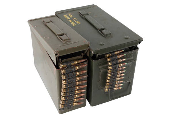 istock Ammunition belt with cartridges in ammunition boxes 1453224606