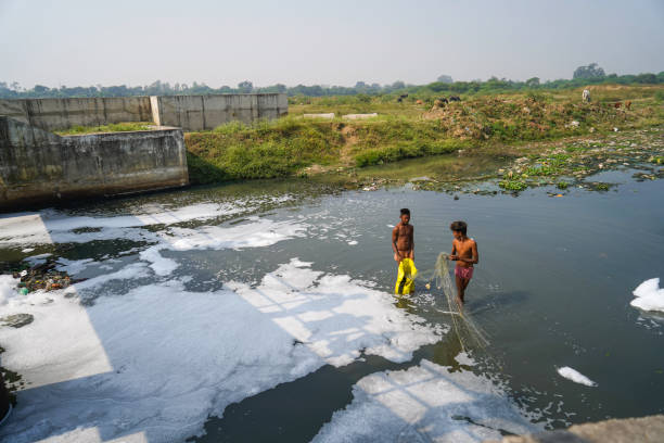grudzień, 2022, raipur, indie: dwóch chłopców łowienie ryb siecią w indyjskiej kanalizacji, zanieczyszczenie wody, kontrola zanieczyszczeń, koncepcja zanieczyszczenia - india mountain child people zdjęcia i obrazy z banku zdjęć