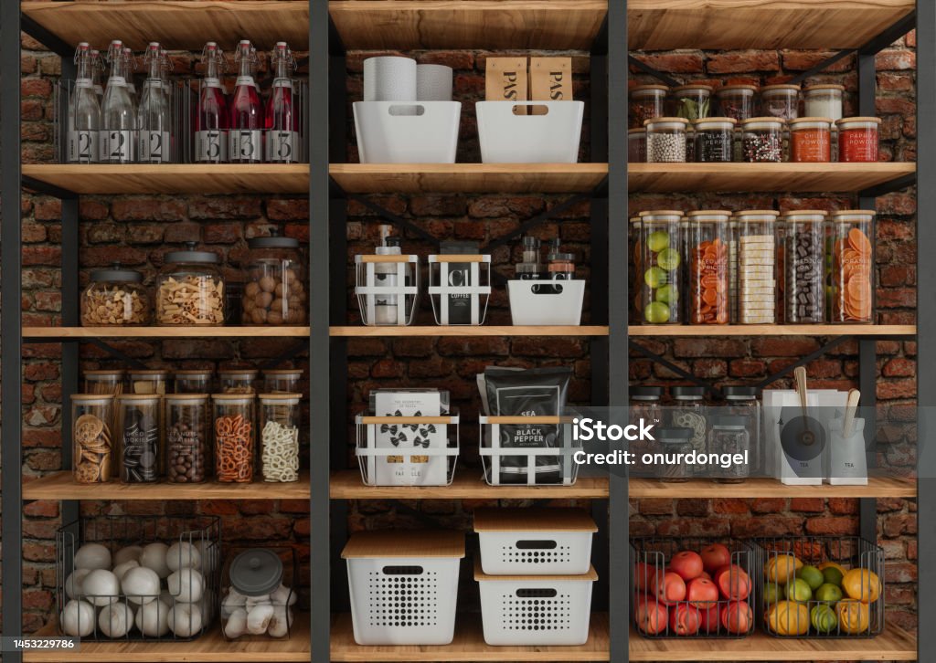 Organised Pantry Items, Non Perishable Food Staples, Healthy Eatings, Fruits, Vegetables And Preserved Foods In Jars On Kitchen Shelf Pantry Stock Photo