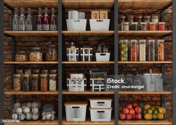 Organised Pantry Items Non Perishable Food Staples Healthy Eatings Fruits Vegetables And Preserved Foods In Jars On Kitchen Shelf Stock Photo - Download Image Now