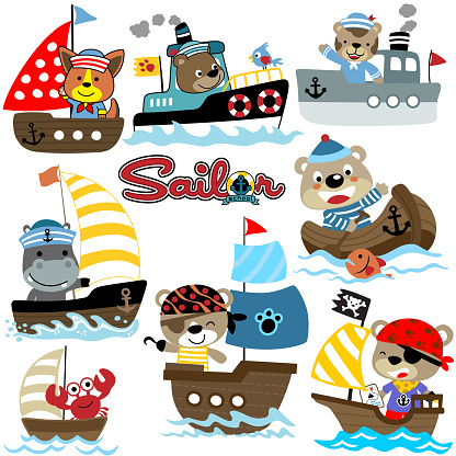 Vector set of various boat cartoon with funny animals sailor