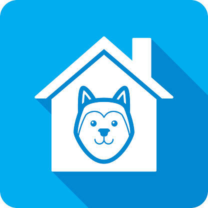 Vector illustration of a house with husky dog's face icon against a blue background in flat style.