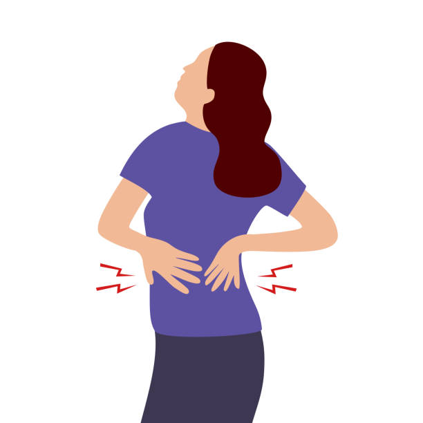 ilustrações de stock, clip art, desenhos animados e ícones de woman employee having low back pain in flat design. backache symptom. muscle or bone problem. - low back