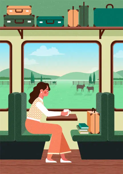 Vector illustration of Train interior inside view with luggage and the train station. Landscape through the train window. The girl is sitting in a train carriage. Spring vacation. Flat Design. Trendy vector illustration.