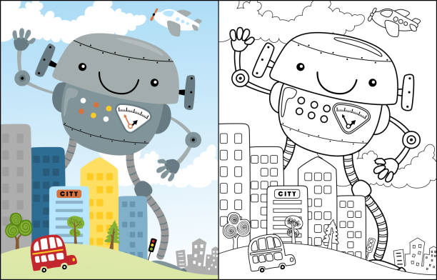 kolorowanka gigantycznej kreskówki robota w mieście - strona książki do kolorowania technika ilustracji stock illustrations