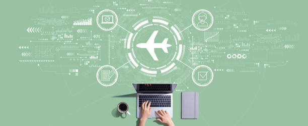 istock Flight ticket booking concept with person working with laptop 1453233462