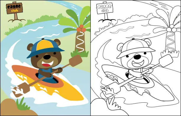 Vector illustration of Vector cartoon of funny bear on canoe in river, coloring book or page