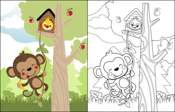Vector illustration of vector cartoon of funny monkey and bird in the tree, coloring book or page