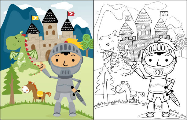 illustrations, cliparts, dessins animés et icônes de dessin animé de chevalier avec dragon et cheval sur fond de château, livre à colorier ou page - royaume