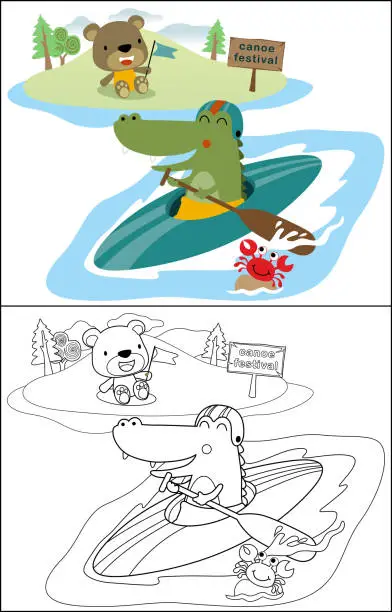 Vector illustration of Vector cartoon of funny crocodile on canoe in river, crab on stone, bear sitting on riverside, coloring book or page