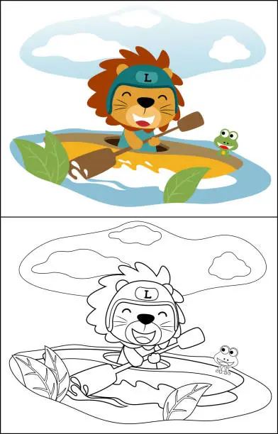 Vector illustration of Vector cartoon of funny lion with frog on canoe in river, coloring book or page