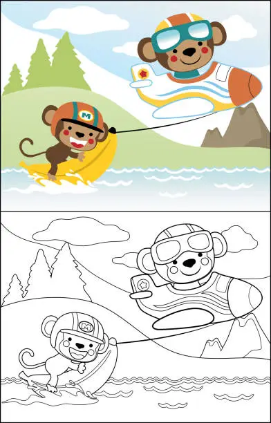 Vector illustration of Cartoon of cute monkey on plane pulling it friend on banana boat in river, coloring book or page